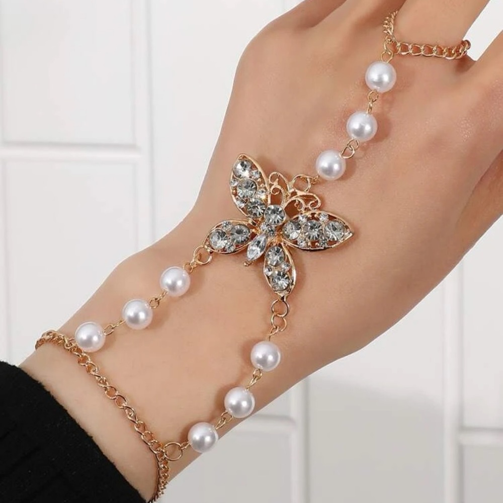 🦋 Lovely Butterfly Faux Pearl Rhinestone Single Bracelet Ring Mitten Sleeve 🦋